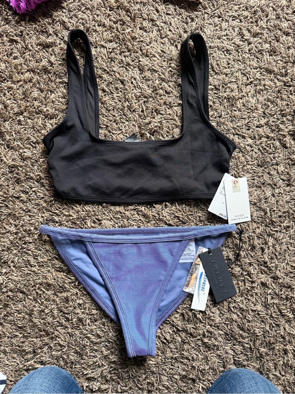 Good American Black Bikini Top with Blue/Purple Bikini Bottom